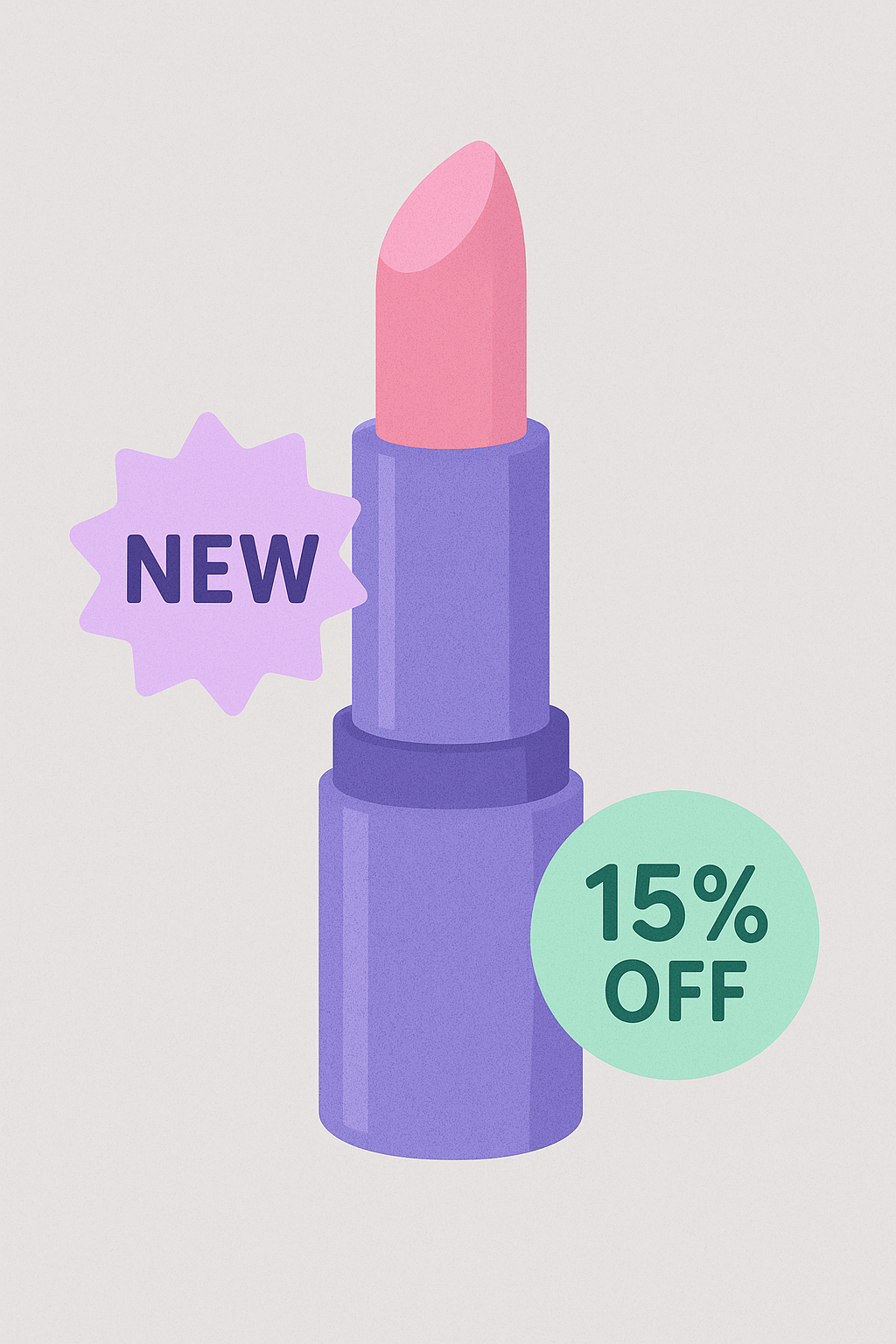 Picture shows a pink bullet lipstick in a purple case, with promotional stickers saying 'New' and '15% off'. Leads to the the product page.