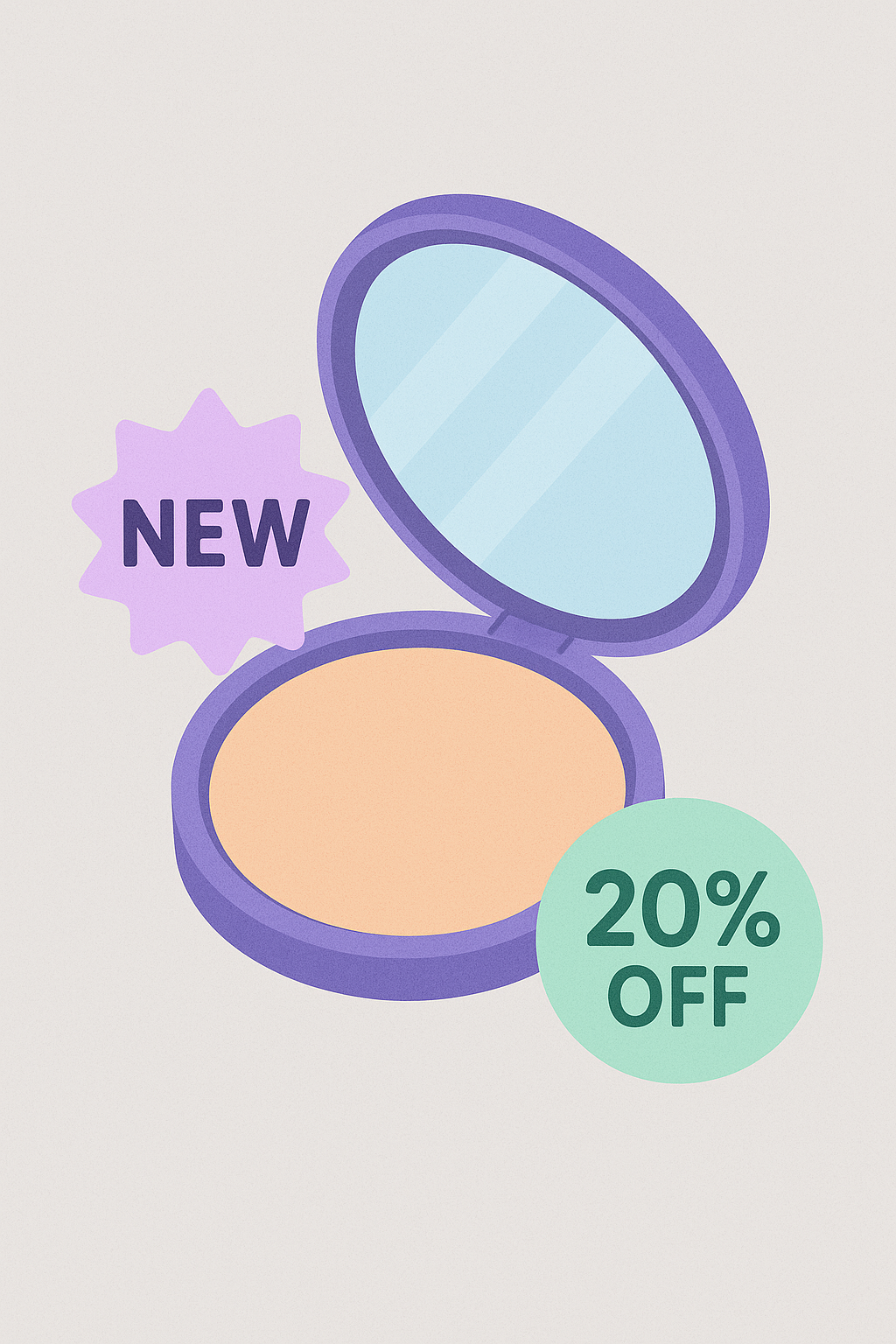 Picture shows a pressed powder in a purple compact, with promotional stickers saying 'New' and '20% off'. Leads to the the product page.