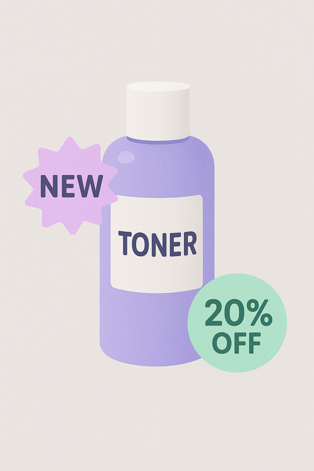 Picture shows a toner bottle in a purple packaging with a white cap, with promotional stickers saying 'New' and '20% off'. Leads to the the product page.