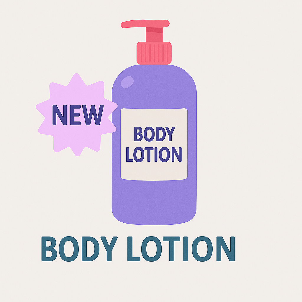 Picture shows a purple pump bottle with a red pump, with a promotional sticker saying 'New'. Leads to the the Body lotion-category page.