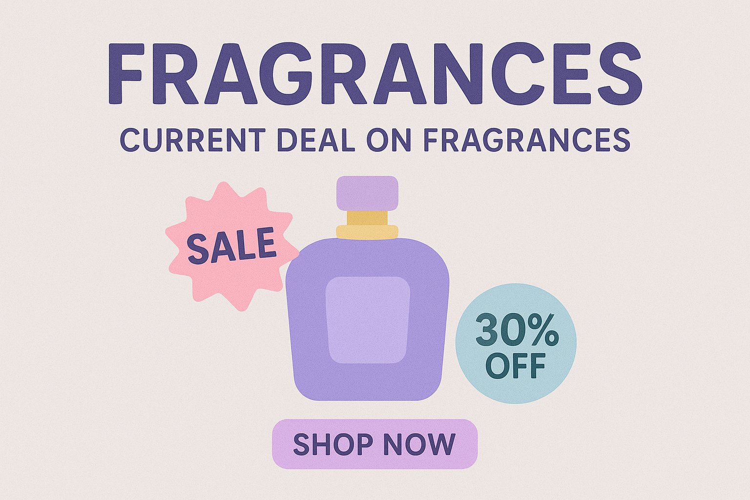 A banner image presenting the current offer on the website. The current offer is for 30% off of fragrances, which is shown on a promotional sticker in front of a purple fragrance bottle. The image leads to the promotional page.