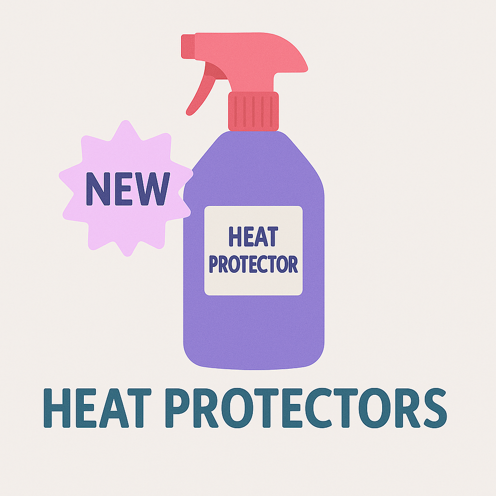 Picture shows a purple spray bottle with a red nossle, with a promotional sticker saying 'New'. Leads to the the Heat protectors-category page.
