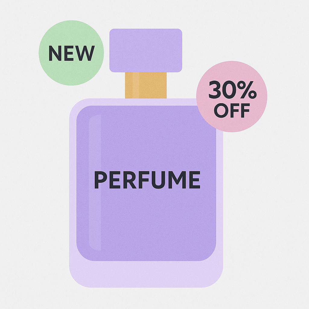 The image shows a fragrance bottle with promotional sticker infront of it saying 'New' and '30% off'. The image leads to the product page.