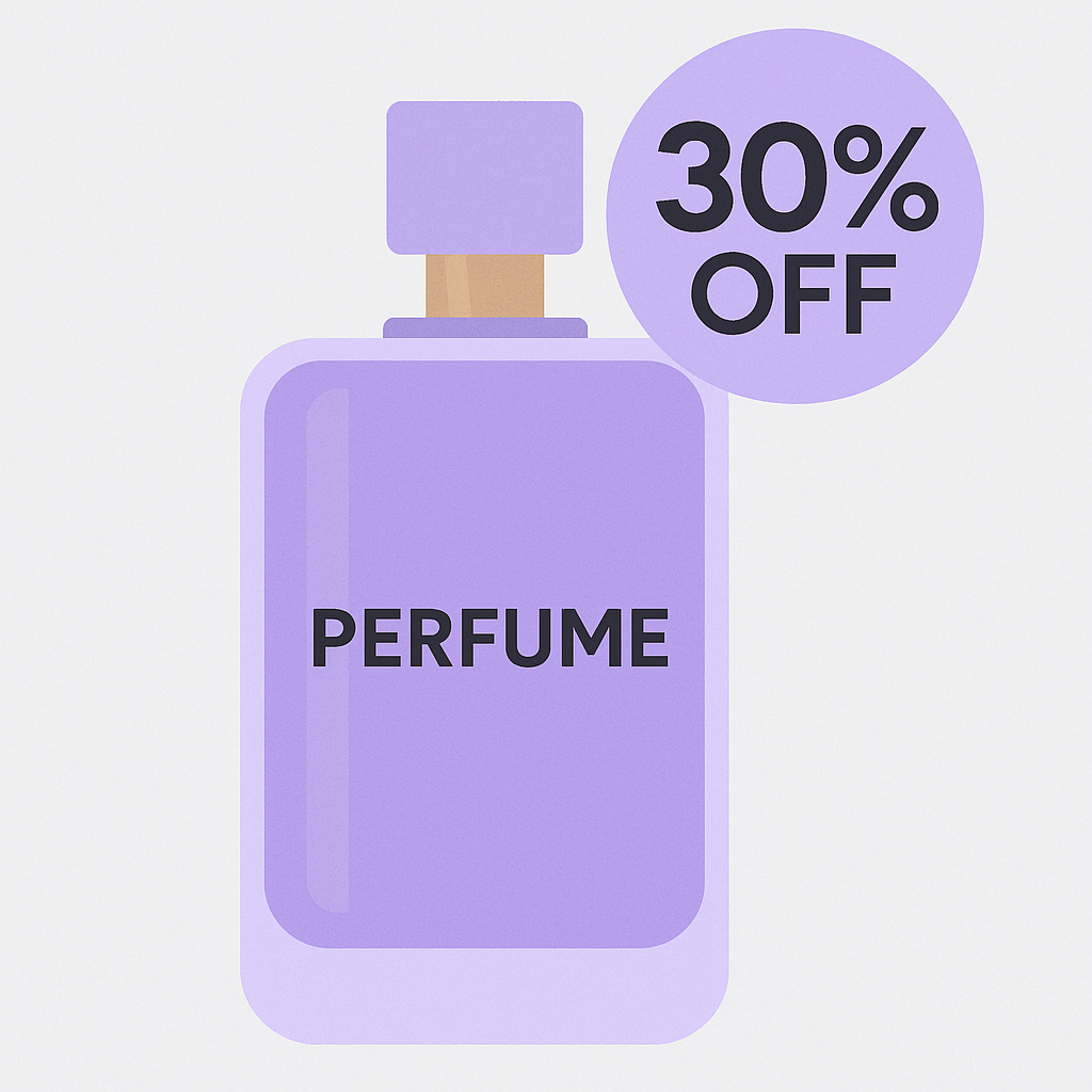 The image shows a purple fragrance bottle with a '30% off' promotional sticker, leading to the product page.