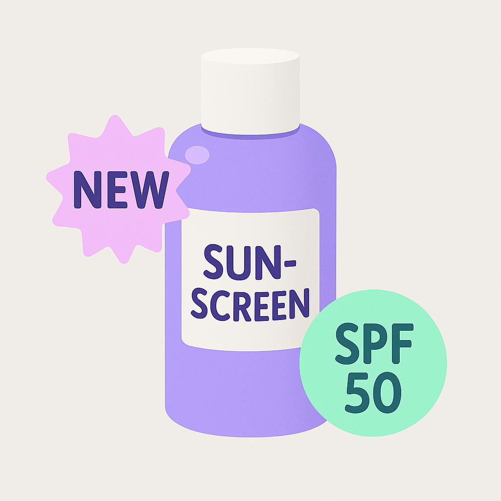 Picture shows a purple bottle with a white cap, with promotional stickers saying 'New' and 'SPF 50'. Leads to the the Sunscreen-category page.